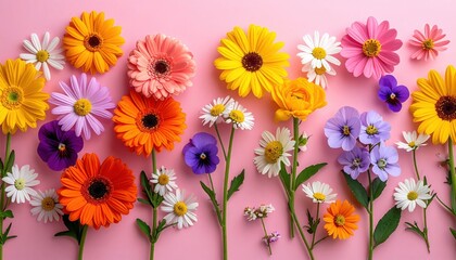 Colorful Floral Arrangement: A vibrant collection of diverse flowers, artfully arranged to bring joy, is captured with a natural, eye-level perspective, celebrating nature's beauty.