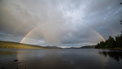 Vibrant Rainbow Over Calm Lake Surrounded by Lush Green Forest