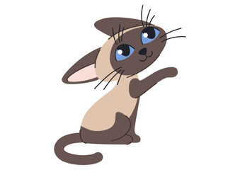 Cartoon Thai or Siamese cat sits with its paw raised. Vector children illustration of a kitten.