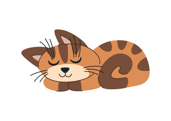 Cartoon sleeping cat, children illustration. Cute ginger tabby cat vector clip art. Print for pajamas, children clothing, and other items.