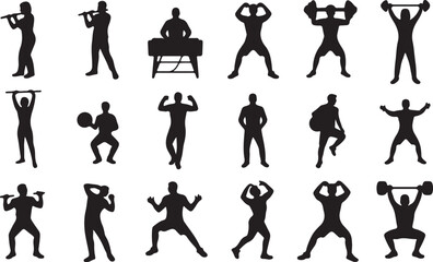 laying flute, DJing, Exercising, Lifting weights
 silhouette vector on white background