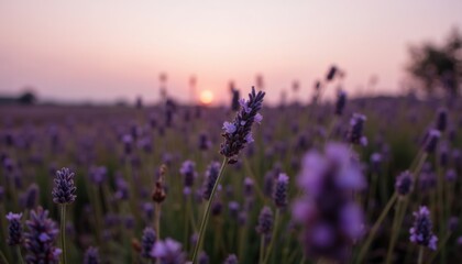 Fototapeta premium Beautiful Lavender Field at Sunset with Soft Pink Sky and Blooming Flowers