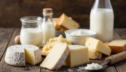 Assorted Dairy Products on Rustic Wooden Table in Natural Light