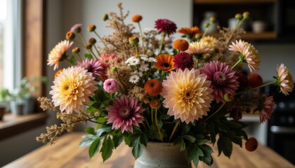 Beautiful Floral Arrangement with Vibrant Dahlias and Wildflowers