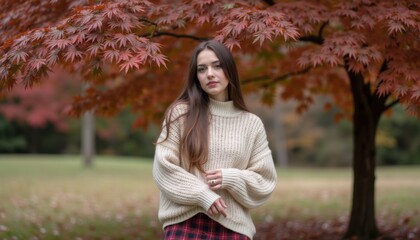 Young Woman Posing Gracefully Under Vibrant Autumn Leaves