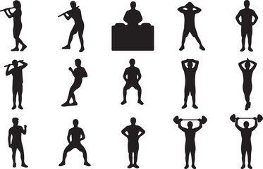 laying flute, DJing, Exercising, Lifting weights
 silhouette vector on white background