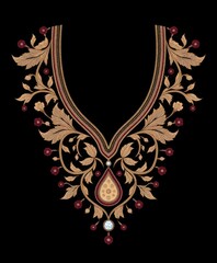 Elegant Neckline Embroidery Design with Floral and Gemstone Elements