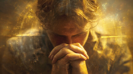 An emotional close-up of person engaged in deep prayer or meditation, hands clasped. head bowed, enveloped in powerful golden, ethereal light. The image is overlaid with abstract astrological circle