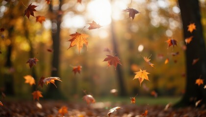 Autumn Leaves Falling in a Serene Forest with Golden Glow