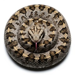 Obraz premium Rattlesnake coiled in a circle, showing its patterned skin and tongue isolated on white background