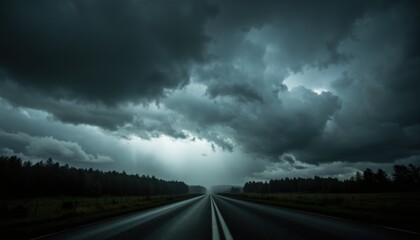 Dramatic Stormy Sky Over Empty Highway in Nature Landscape Scene