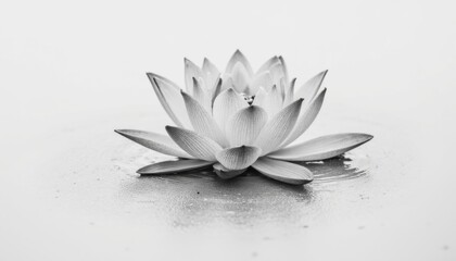 Elegant White Water Lily Blossom on Calm Water Surface in Monochrome