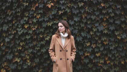 Stylish Woman in Autumn Coat Against Lush Leafy Background
