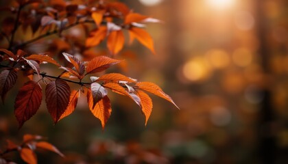 Glowing Autumn Leaves with Warm Light in Nature Background