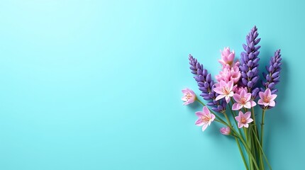 Obraz premium A delicate bouquet of lavender and pink flowers on a blue background. A serene and fresh design for spring, aromatherapy, and wellness concepts. Generative Ai.