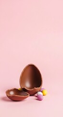 A broken chocolate egg with colorful candy eggs on a pink background. The scene is bright and festive, perfect for Easter celebrations.