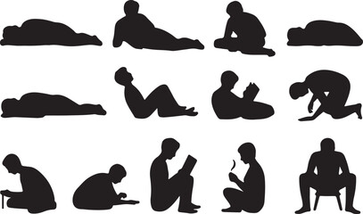 Sleeping person, Reading, Writing, Cooking silhouette vector on white background