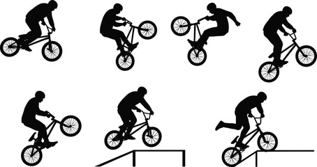 Fototapeta premium Silhouettes of BMX bikers performing various stunts and tricks, including jumping, grinding, and balancing, for extreme sports concepts