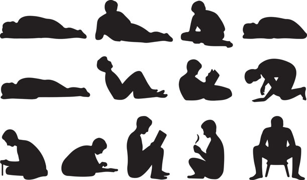 Sleeping person, Reading, Writing, Cooking silhouette vector on white background