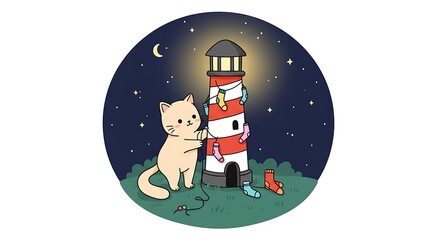 Fototapeta premium Cute Peach Cat Hanging Colorful Socks to Dry on a Red and White Lighthouse under a Starry Night Moon
