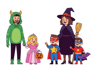 Costumed Family: A close-knit family, dressed in imaginative costumes, smiles and laughs, ready for a night of trick-or-treating, capturing the spirit of Halloween.