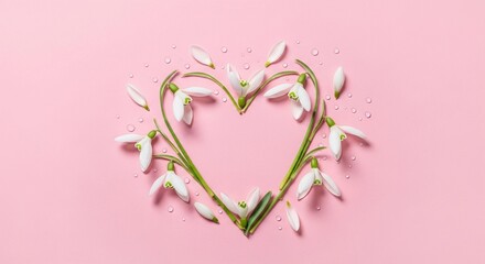 A heart shape made of snowdrop flowers and green stems on a pink background. The scene is bright and minimalistic, emphasizing spring themes.