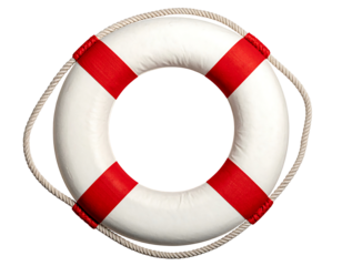White and red life preserver ring with rope isolated on transparent background