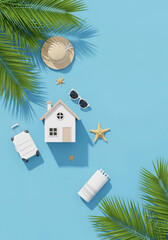 A flat lay of vacation essentials including a small white house model, sunglasses, a straw hat, a starfish, and a suitcase on a blue background with palm leaves.