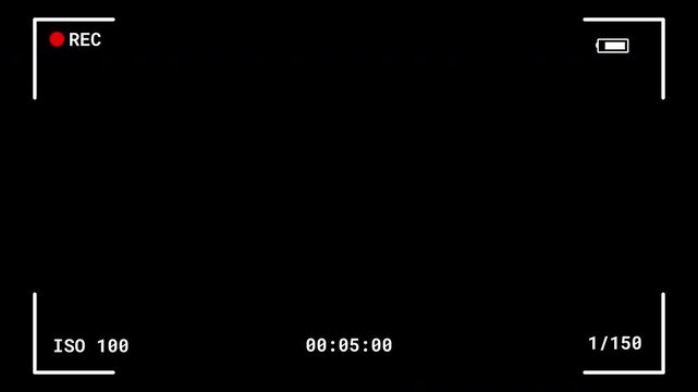 Clean Camera Recording HUD Overlay on Black Background. Minimal video recording interface with REC icon, timestamp, ISO, and battery status over black background, ideal for post-production use.