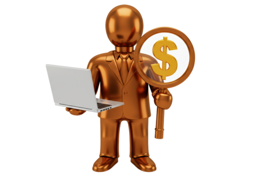 Isolated businessman with dollar sign and laptop standing up looking at computer screen - Powered by Adobe