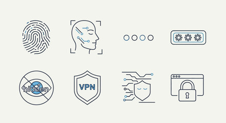 A collection of line icons representing digital security, privacy, and user authentication methods like biometrics and passwords.