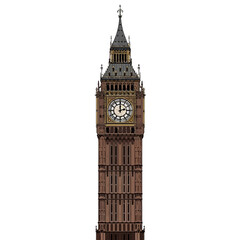 The iconic Elizabeth Tower, commonly known as Big Ben, stands tall against a white background, showcasing its intricate Victorian Gothic architecture and clock face.