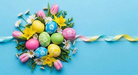 Colorful Easter eggs arranged with flowers on a blue background. The scene includes pink tulips, daisies, and a ribbon.