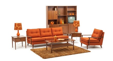 Classic 70s living room furniture set showcasing retro style and vibrant orange hues on a clean white background