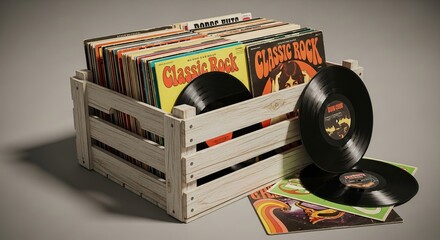 Vinyl records stacked in a wooden crate showcase retro 70s aesthetic for music lovers