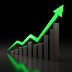 3d bar chart with a green arrow showing upward trend on a black background