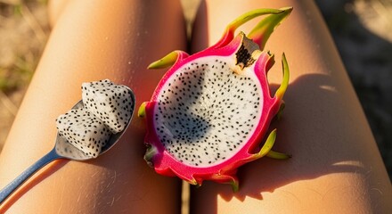 A close-up of a dragon fruit cut in half, revealing its white flesh and black seeds. A spoon rests beside it, with a piece of the fruit on it. Sunlight illuminates the scene.
