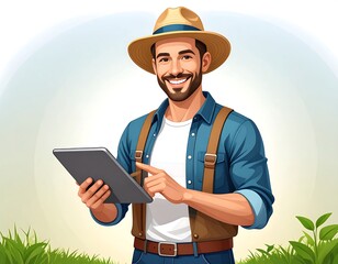 Smiling farmer holding a tablet, outdoors