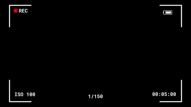 Minimal Video Recording HUD Elements on Black Screen. Clean camera recording interface with REC symbol, timer, ISO, and battery indicators over black background for film editing or overlays.