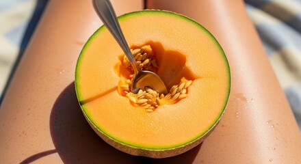 A close-up of a halved cantaloupe melon with a spoon resting inside, placed on sun-kissed skin. The scene conveys a refreshing summer vibe.