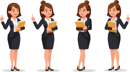 Cartoon illustration of businesswoman holding documents, professional office woman character in formal suit, corporate worker, presentation, manager, vector art