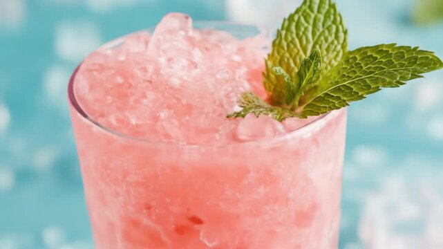 Close-up of a pink slushy drink with ice and mint