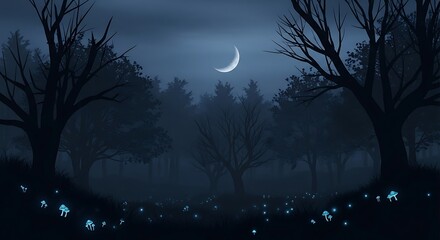 Mystical forest at night with crescent moon and glowing flora
