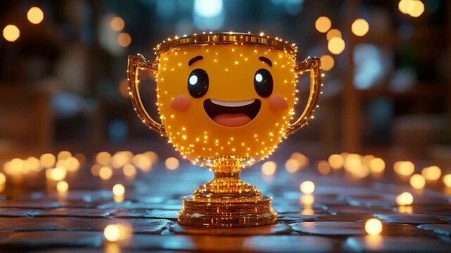 Adorable Golden Trophy Character Celebrating a Victorious Moment.