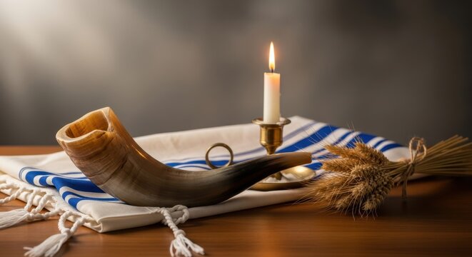 A shofar rests on a tallit beside a lit candle and wheat, embodying the traditions of Yom Kippur. This moment reflects spirituality and community during the holiest day in Judaism