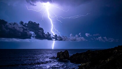 Dramatic lightning strike over the ocean at night