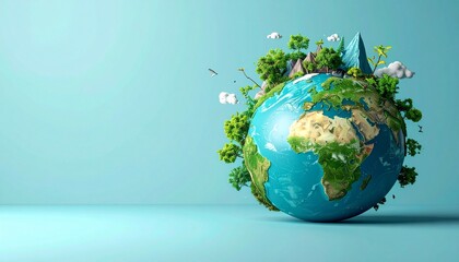 Stylized Earth with forests, mountains, clouds, and birds—focusing on Europe, Africa, and Asia, symbolizing ecological diversity and environmental beauty.