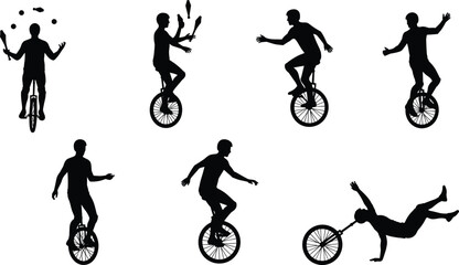 Dynamic silhouettes of people riding unicycles and juggling, including balancing and falling, for skill, balance, and circus themes © Creatives Selim