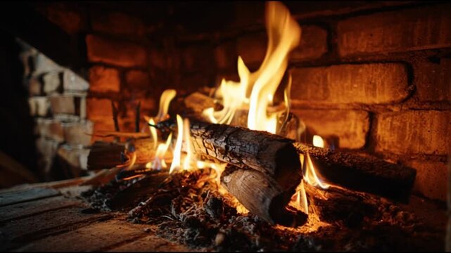 Warm Fireplace Burning Logs in Brick Fireplace Cozy Home Atmosphere Slow Motion