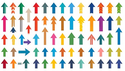 A diverse collection of vibrant directional indicators, featuring various styles, colors, and textures, pointing upwards to illustrate growth